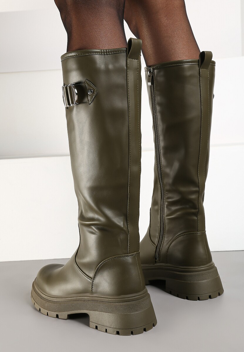 Zielone Kozaki na Płaskiej Podeszwie z Dopasowaną Cholewką z Ekoskóry i Klamrą Bellanor