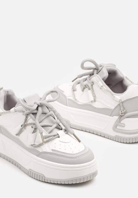 Biało-Szare Sneakersy na Platformie z Paskiem z Cyrkonii Aneolin