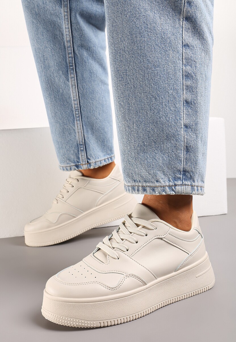 Beżowe Sneakersy z Cholewką przed Kostkę na Platformie Liciana