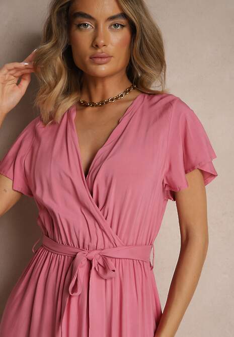 Różowa Kopertowa Sukienka z Wiskozy Ozdobiona Paskiem Savioneira