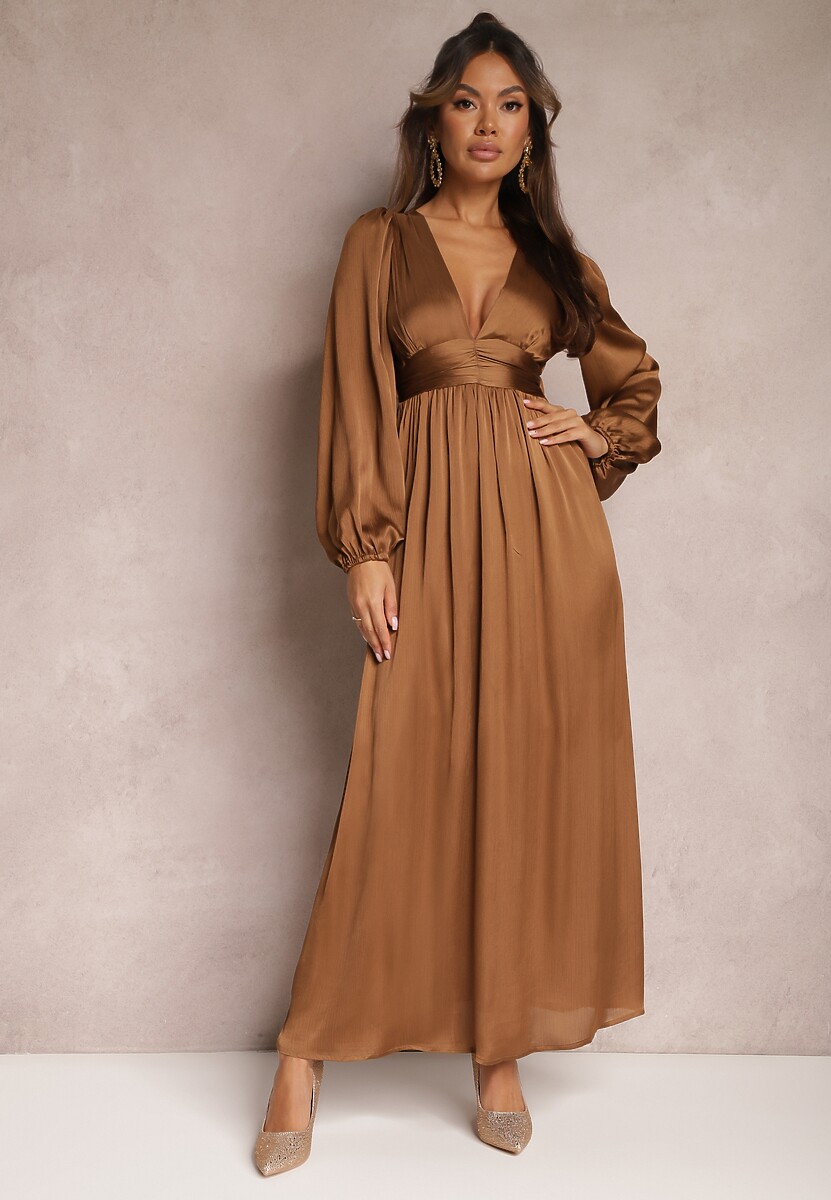 Brązowa Gładka Sukienka Maxi o Rozkloszowanym Kroju z Luźnymi Rękawami i Trójkątnym Dekoltem Biswas