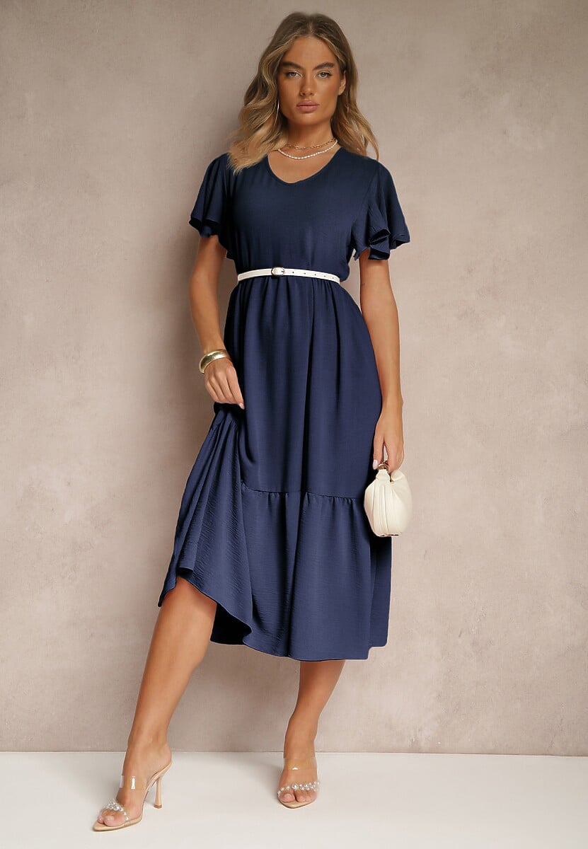 Granatowa Rozkloszowana Sukienka z Wiskozą w Casualowym Stylu Filarenna