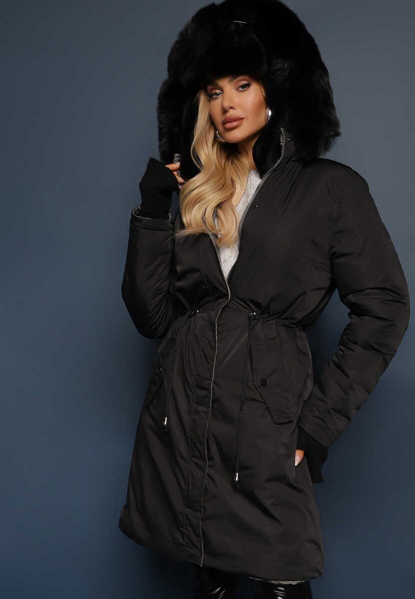 Szaro-Czarna Długa Kurtka Płaszcz o Dwustronnym Fasonie z Kapturem Astrae