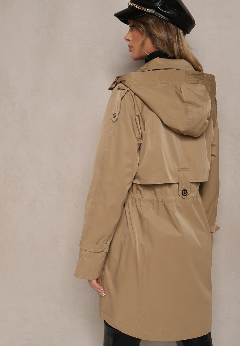Ciemnobeżowy Płaszcz Kurtka Parka  z Kapturem i Ściągaczem w Talii Verfia