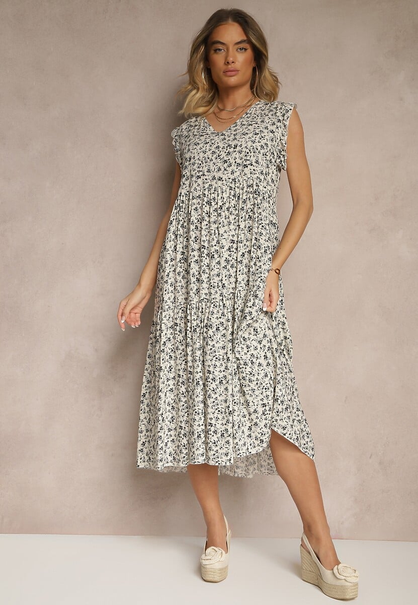 Czarna Rozkloszowana Sukienka z Bawełny z Dekoltem w Serek Zdobiona Falbanami Iffilara