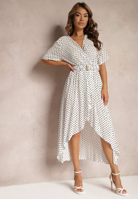 Biała Kopertowa Sukienka o Asymetrycznym Wykończeniu z Ozdobnym Paskiem z Klamrą Eslefia