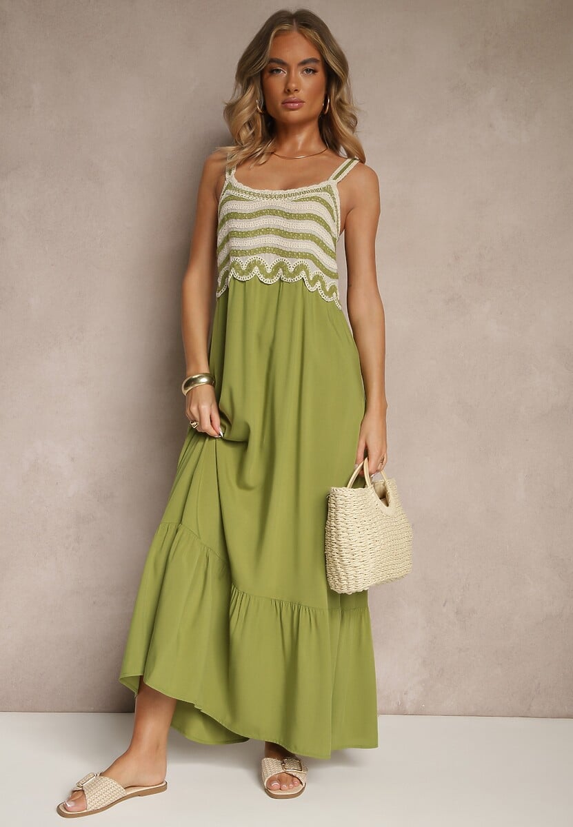 Zielona Wiskozowa Sukienka z Haftami na Ramiączkach o Rozkloszowanym Kroju Efralisse