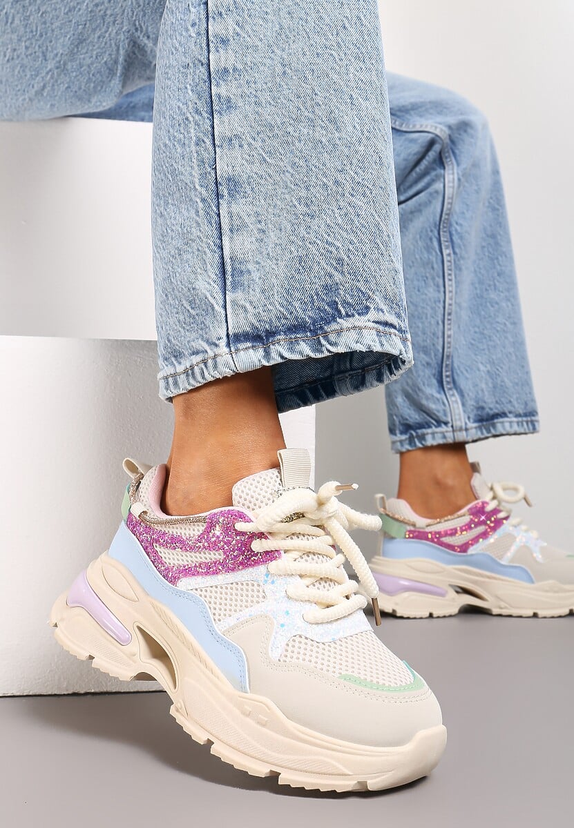 Beżowo-Różowe Sneakersy na Grubej Podeszwie z Siateczką i Błyszczącymi Detalami Xernnia