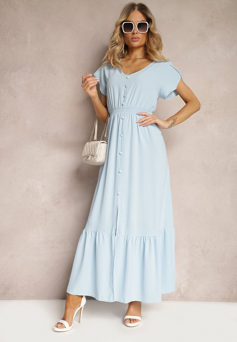 Jasnoniebieska Rozkloszowana Sukienka z Gumkami w Talii z Guzikami i Rozcięciem Gafia