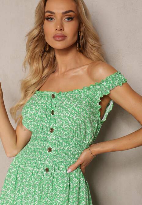 Zielona Bawełniana Sukienka o Rozkloszowanym Kroju na Ramiączkach z Gumką w Talii Bellazen