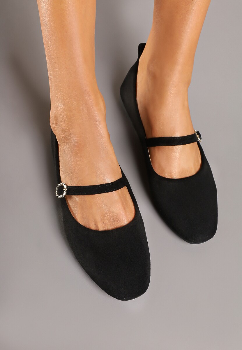 Czarne Balerinki Zapinane na Sprzączkę z Wkładką ze Skóry Derilia