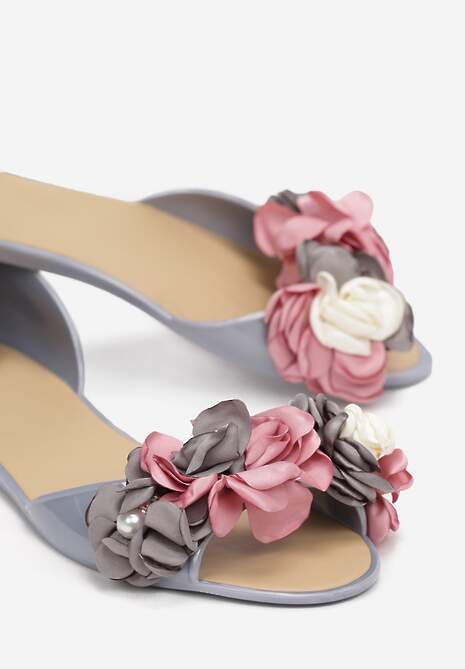Szare Balerinki Meliski Peep Toe z Kwiatową Aplikacją Idalina