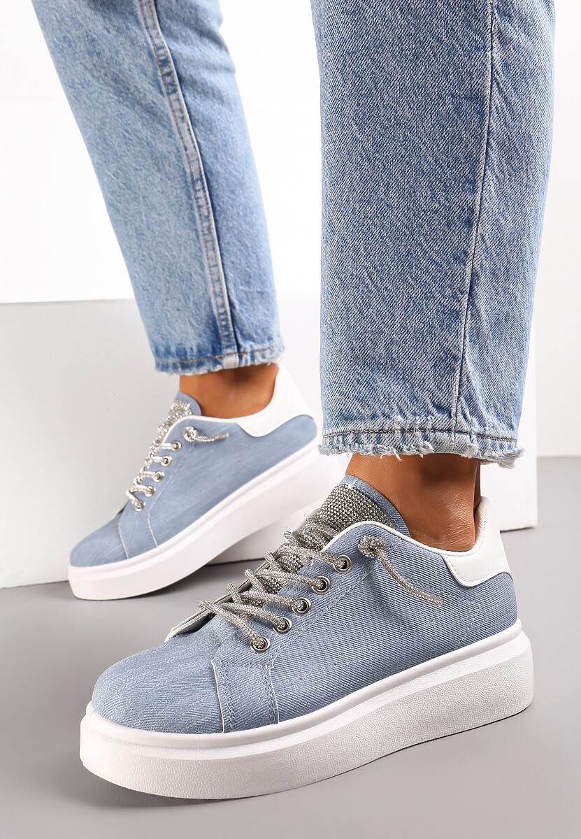 Niebieskie Sneakersy Sznurowane Ozdobione Cyrkoniami na Grubej Podeszwie Dessia