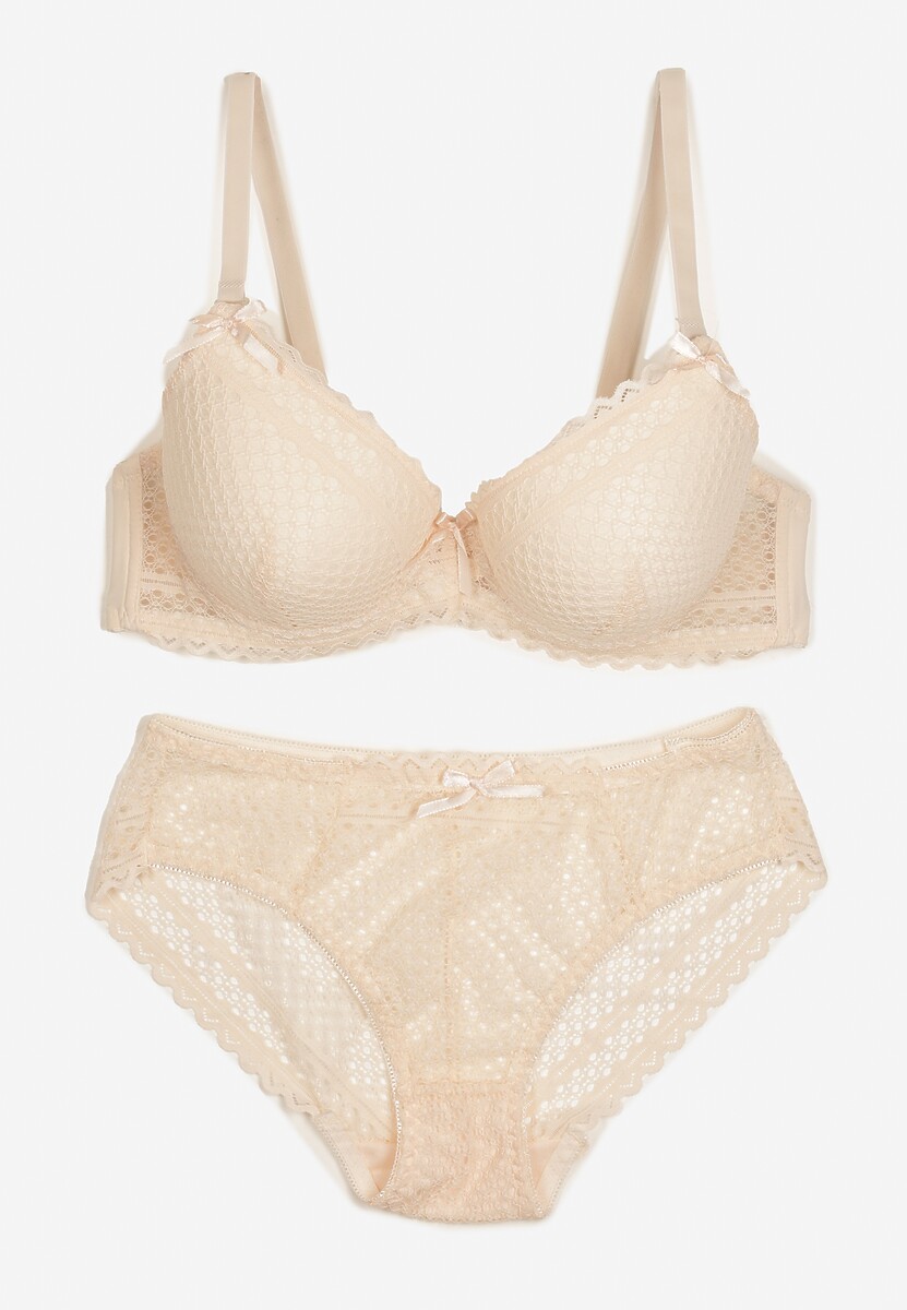 Beżowy Komplet z Koronki Regulowany Biustonosz Full Cup oraz Majtki Figi Irialynne