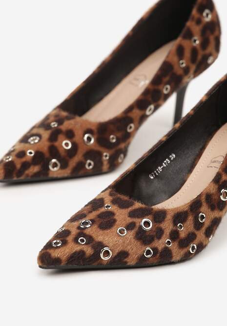 Panterkowe Czółenka na Szpilce Vices Ozdobione Nitami z Wkładką ze Skóry Naturalnej Rilinessa