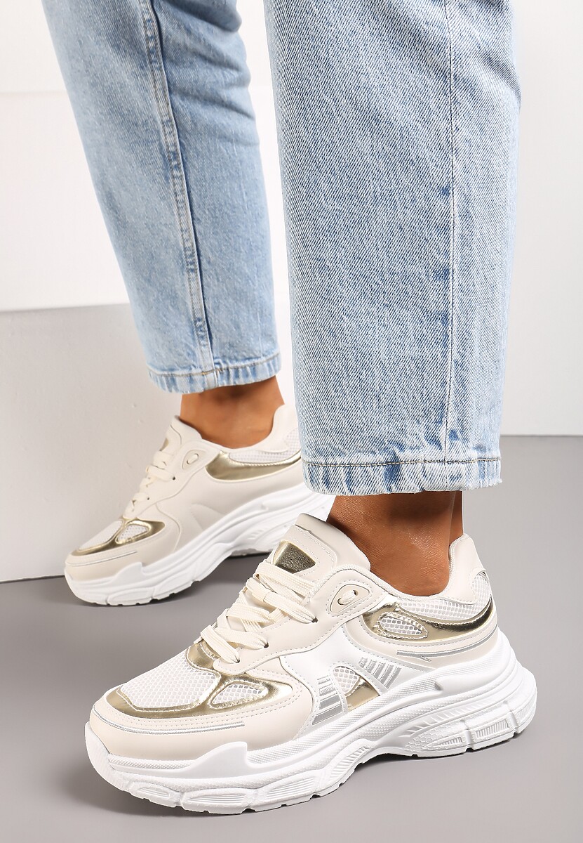 Beżowe Sneakersy na Tłoczonej Podeszwie z Ozdobnymi Wstawkami Lanevi