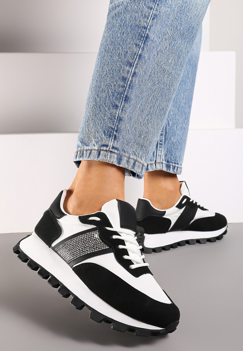 Beżowe Sneakersy z Szerokim Protektorem i Brokatową Naszywką Thesalia