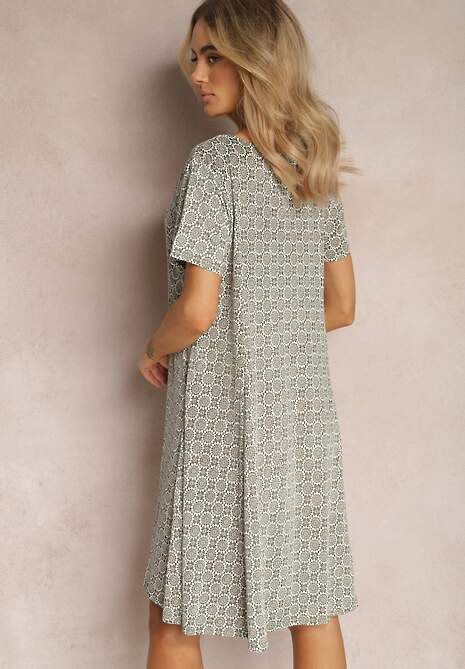 Zielono-Beżowa Rozkloszowana Sukienka w Ornamentalny Wzór z Wiskozy Oflia