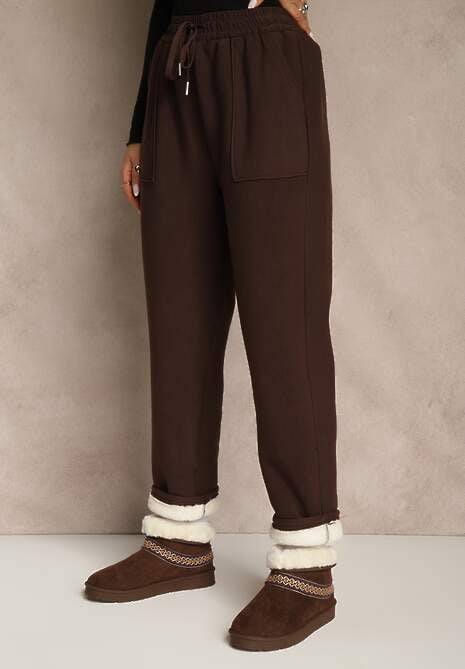 Brązowe Ocieplane Spodnie z Gumką w Pasie Prokana