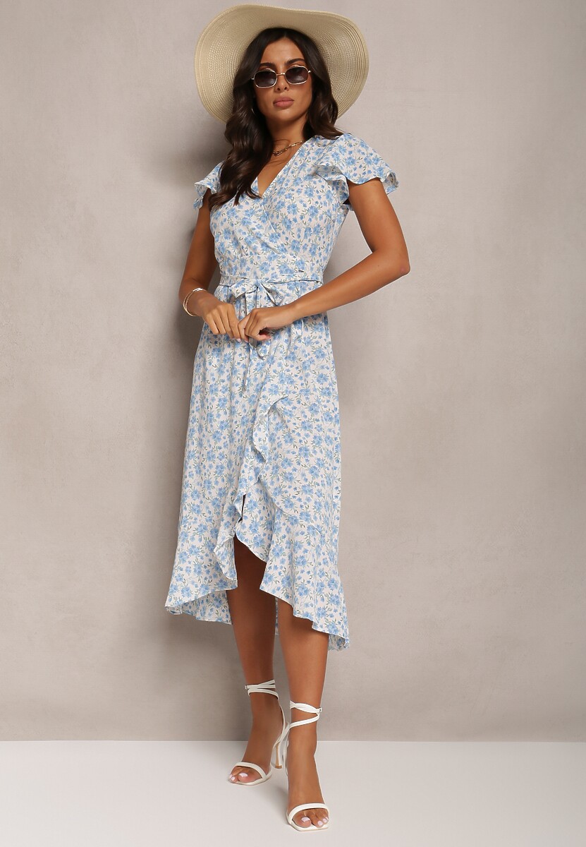 Niebieska Kopertowa Sukienka w Kwiaty Wakena