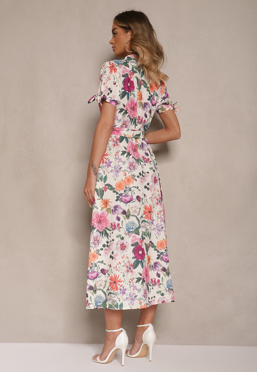 Jasnobeżowa Koszulowa Sukienka w Kwiaty o Rozkloszowanym Fasonie z Paskiem Fevalirra