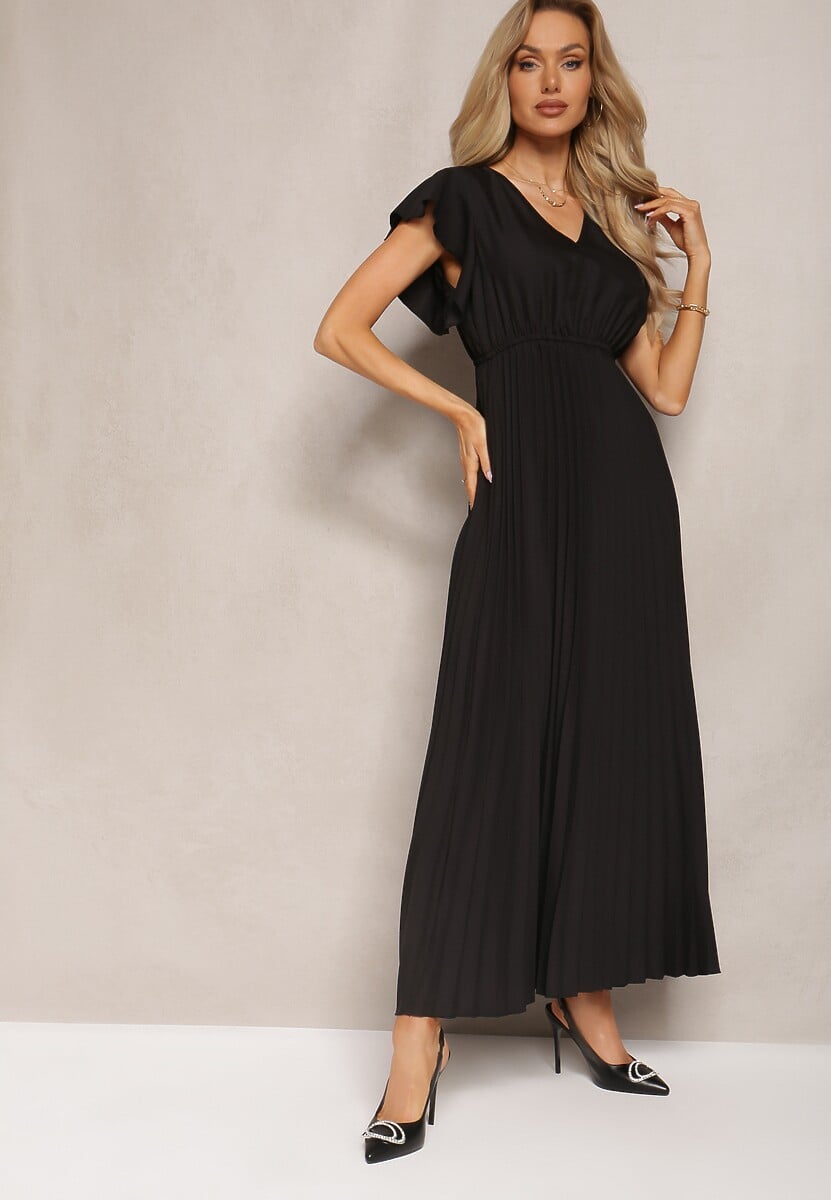 Ciemnoróżowa Rozkloszowana Sukienka z Plisami Maxi z Falbankami przy Ramionach Nethula