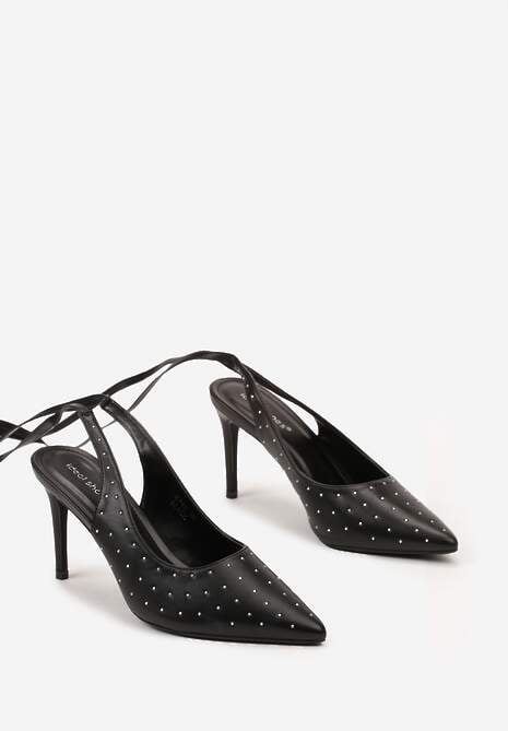 Czarne Sandały na Szpilce z Wiązanymi Rzemykami i Cyrkoniami Jenglla