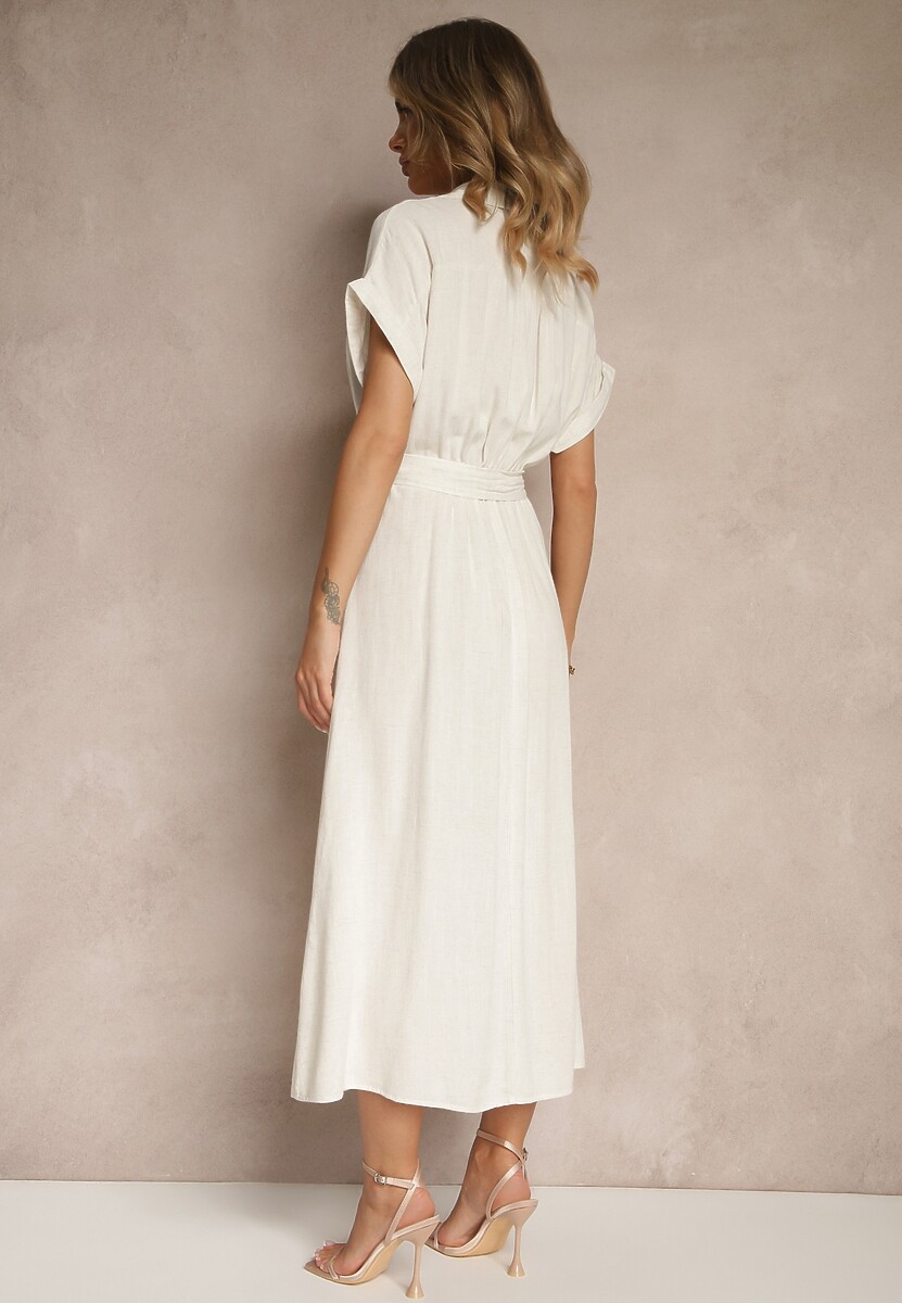 Jasnobeżowa Sukienka z Wiskozy i Lnu o Koszulowym Kroju z Paskiem Efralissea