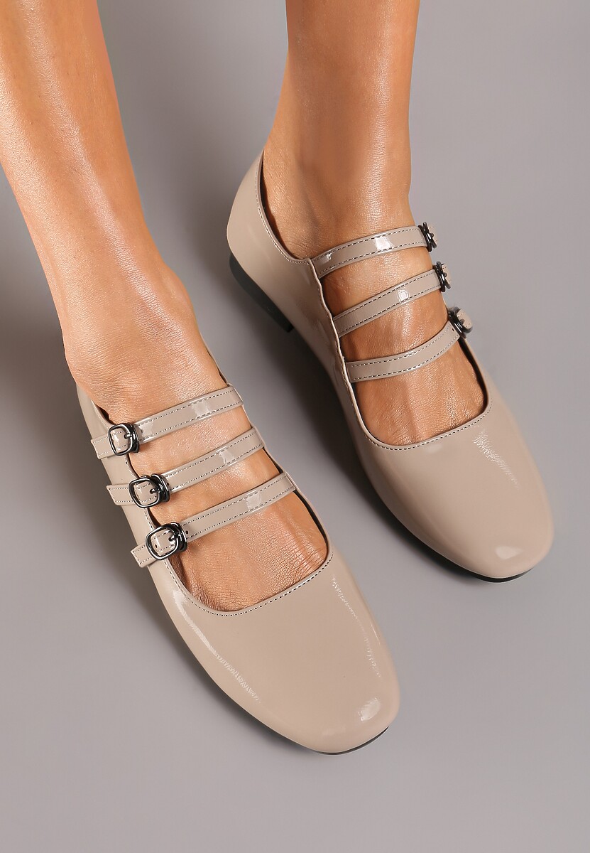 Beżowe Balerinki z Wkładką ze Skóry Naturalnej z Eleganckimi Paseczkami i Sprzączkami Vaivonne