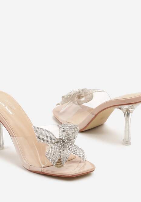 Beżowe Przezroczyste Klapki Szpilki z Cyrkoniowymi Kokardami Tysseli