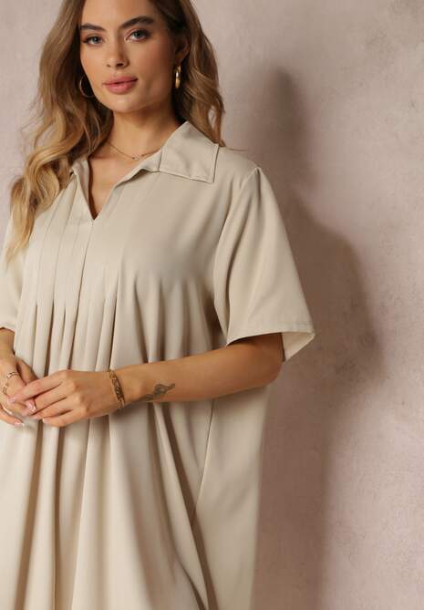 Jasnobeżowa Zwiewna Sukienka Rozkloszowana z Kołnierzykiem i Zakładkami Pedrisa