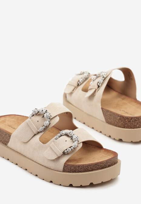 Beżowe Klapki na Platformie z Korka Ozdobione Cyrkoniami Orrisca