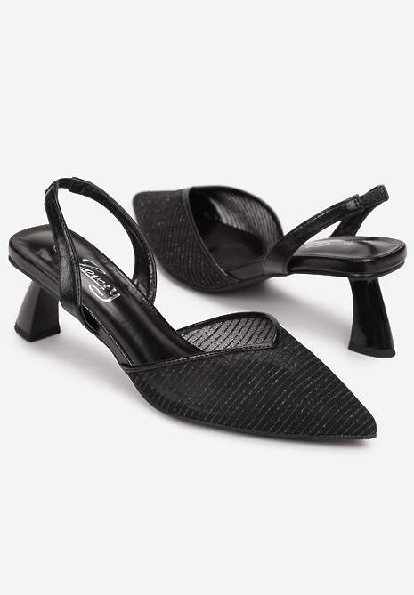 Czarne Brokatowe Sandały ze Szpiczastym Transparentnym Noskiem na Szpilce Liliasa