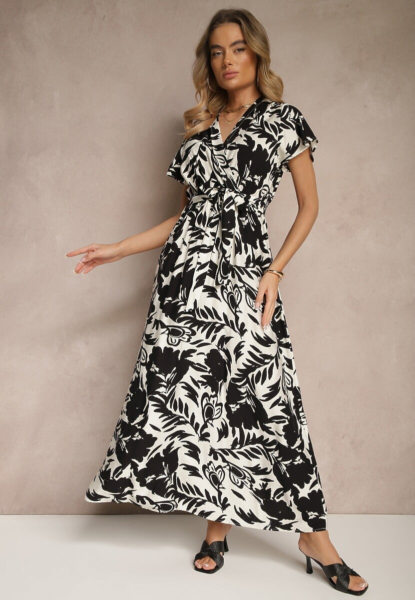 Zielona Wiskozowa Sukienka Kopertowa o Rozkloszowanym Kroju z Paskiem Rerriana