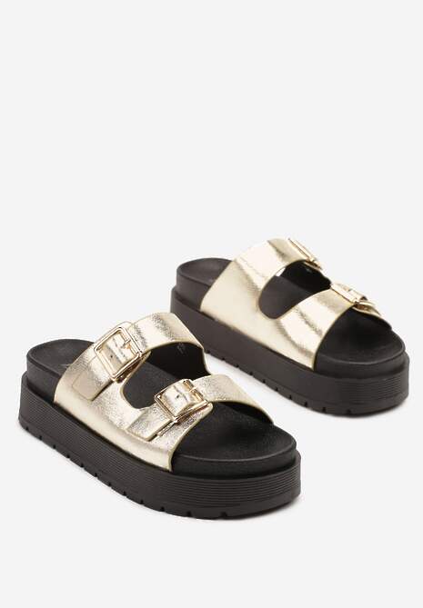 Złote Klapki  na Platformie z Paskami ze Sprzączkami Kaliora