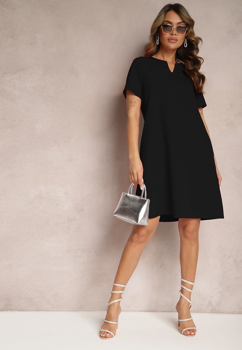 Czarna Trapezowa Sukienka Mini z Krótkim Rękawem i Kieszeniami Vrea