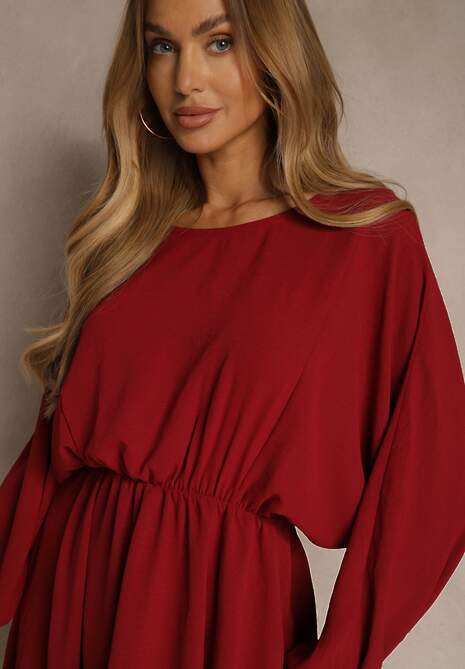 Bordowa Rozkloszowana Sukienka z Gumką w Talii i przy Mankietach Tesunela
