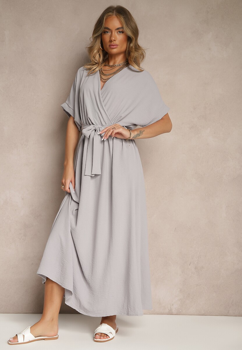 Szara Rozkloszowana Sukienka z Bawełną i Paskiem Lunapinia