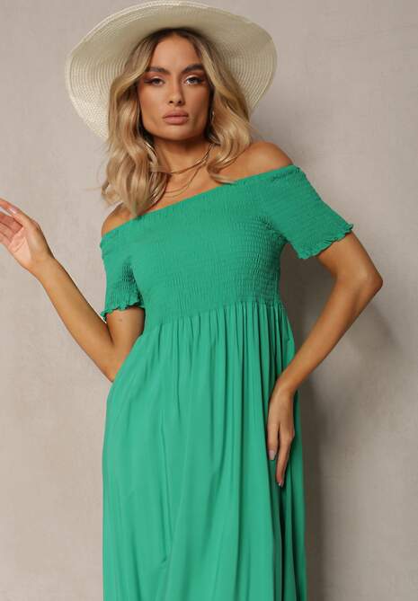 Zielona Sukienka Bawełniana z Rozkloszowanym Dołem i Hiszpańskim Dekoltem Barino