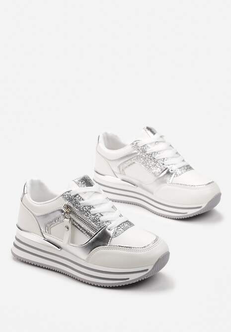 Białe Brokatowe Sneakersy na Grubej Podeszwie ze Sznurowaniem i Suwakiem Irollia