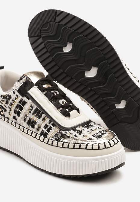 Czarno-Białe Sneakersy z Tweedowymi Zdobieniami i Przeszyciami na Platformie Ulandrelia