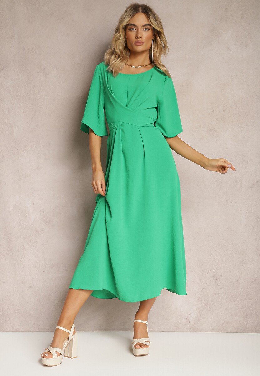 Ciemnozielona Rozkloszowana Sukienka Maxi z Szerokim Rękawem i Gumką w Pasie Sador