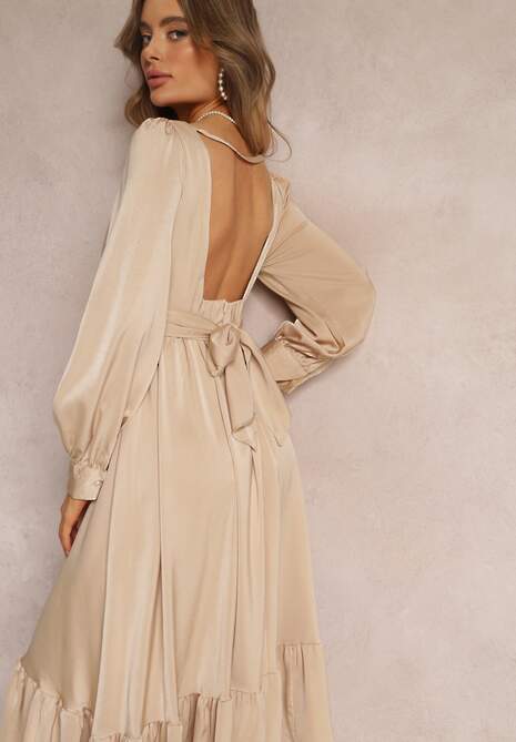 Beżowa Sukienka Midi z Falbanką na Dole i Supełkiem przy Trójkątnym Dekolcie Nimalisa