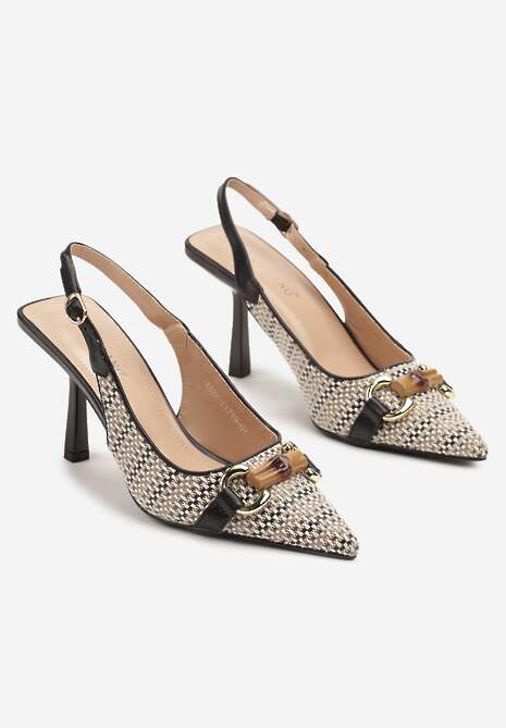 Czarne Plecione Sandały Szpilki Typu Slingback Ozdobione Klamrą Avenis