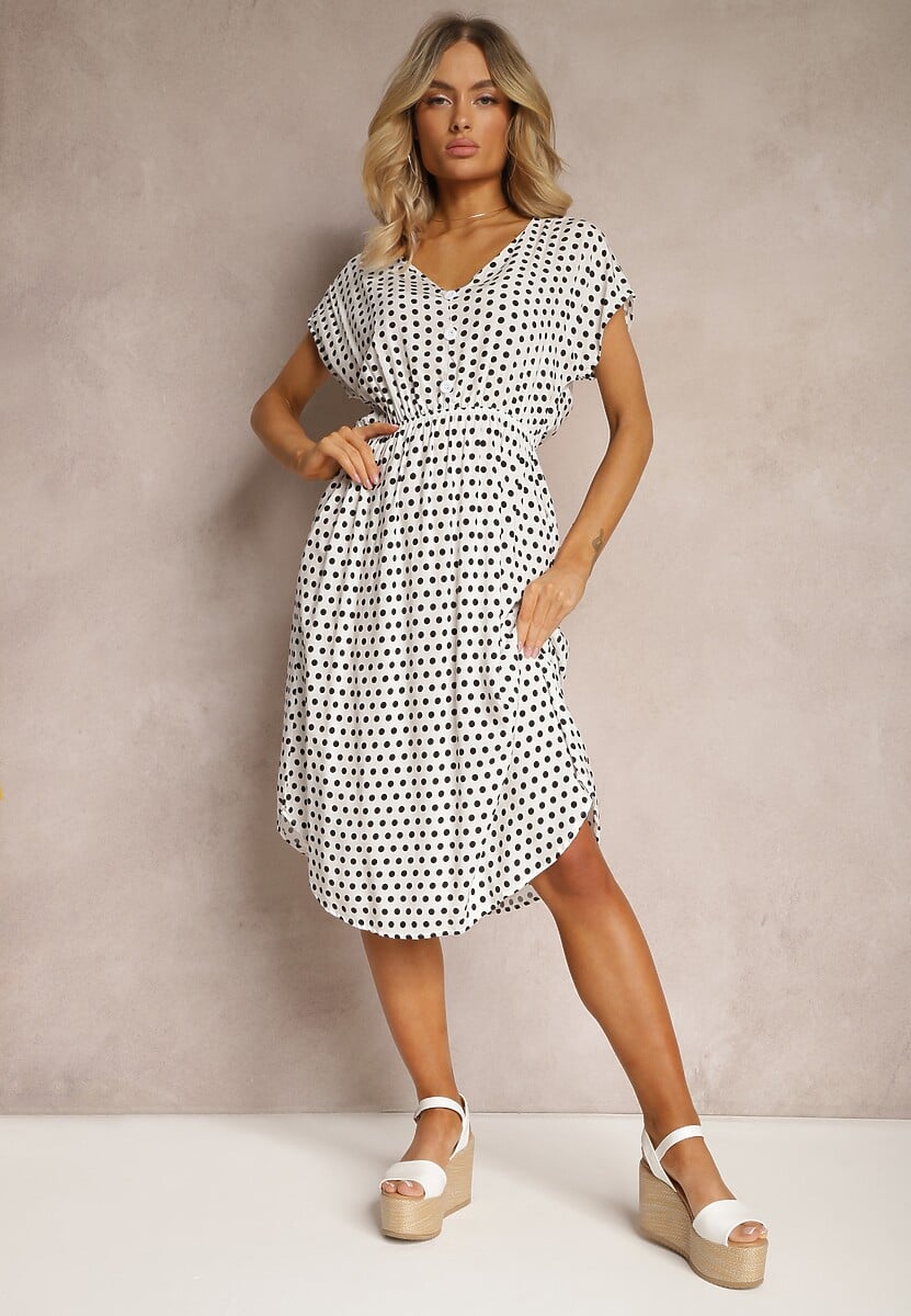 Biało-Czarna Sukienka z Bawełny o Rozkloszowanym Kroju z Gumką w Talii Emilla