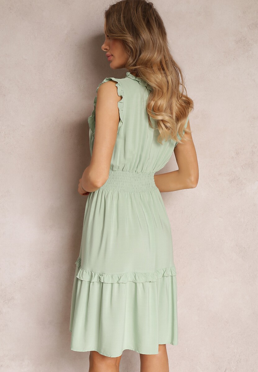 Miętowa Sukienka z Wiskozy z Krótkimi Falbankami i Gumką w Talii Damina
