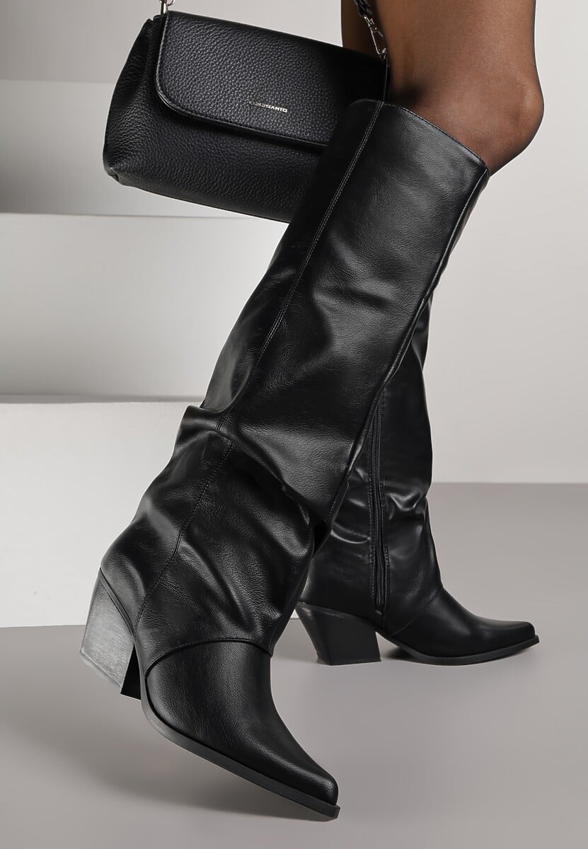 Czarne Marszczone Kozaki na Obcasie w Kształcie Stożka Atima