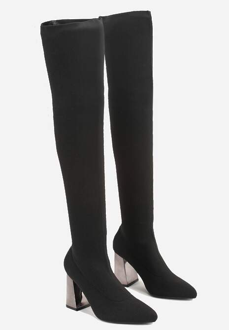 Czarne Kozaki Vices za Kolano na Metalicznym Słupku ze Skarpetkową Cholewką Neliannea