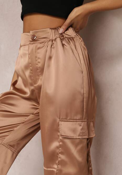 Ciemnobeżowe Spodnie Joggery z Kieszeniami Cargo na Rzep Jeandal