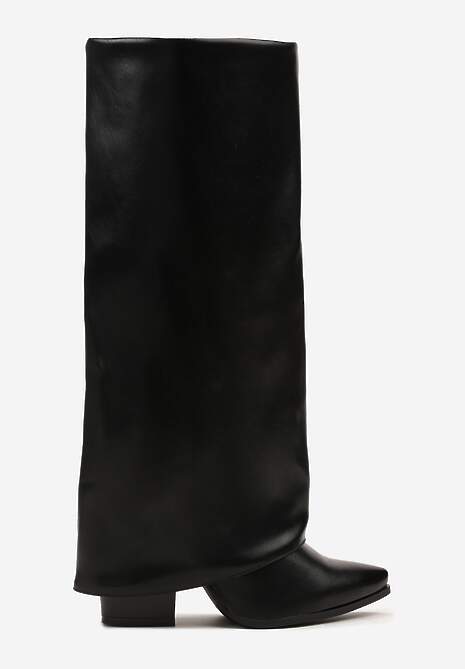 Czarne Kozaki Kowbojki na Stożkowym Obcasie Ozdobione Wywiniętą Cholewką Nalunisa